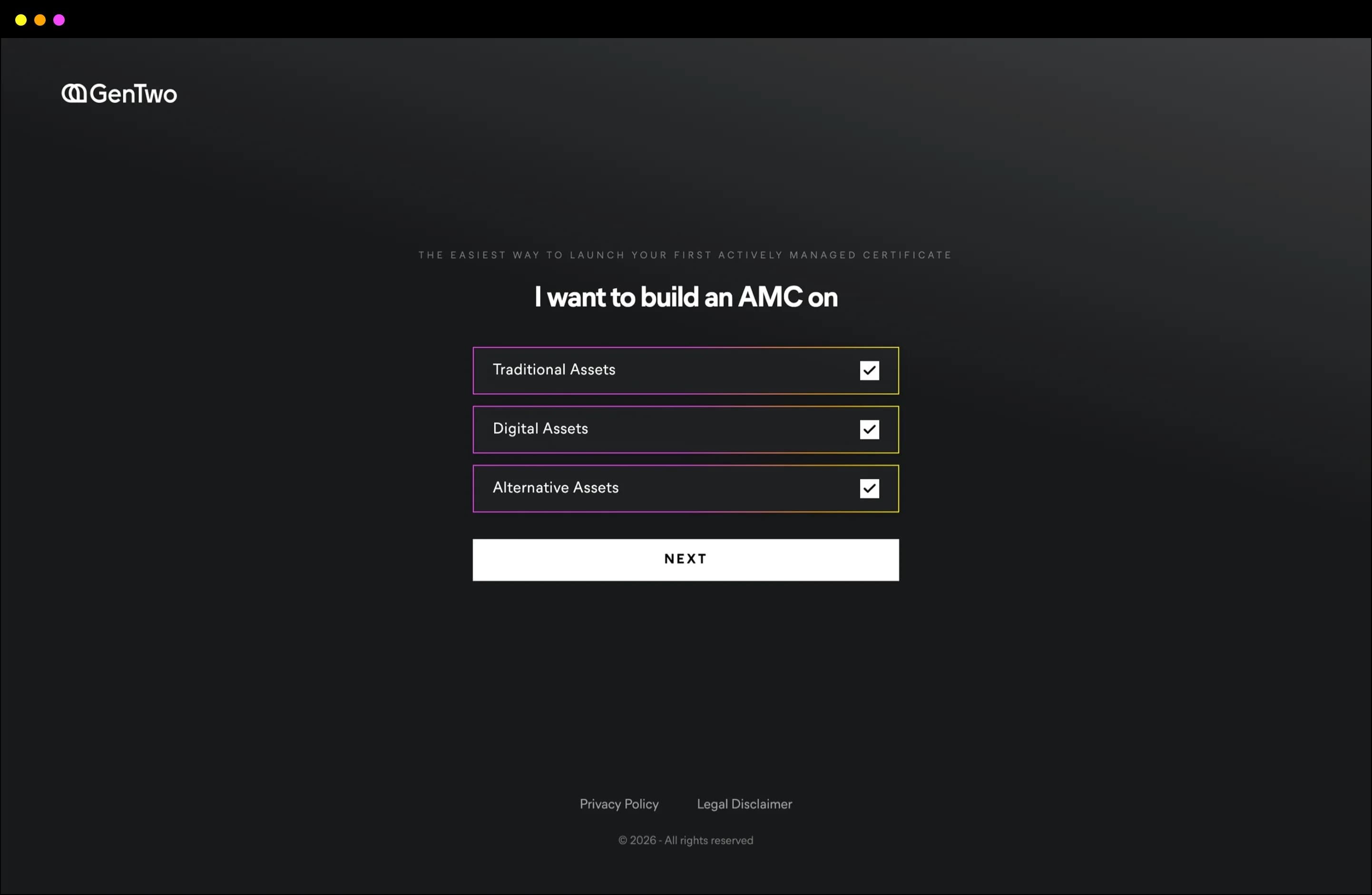 The AMC Creator app asking which asset class to build an AMC on, with traditional, digital and alternative assets selected