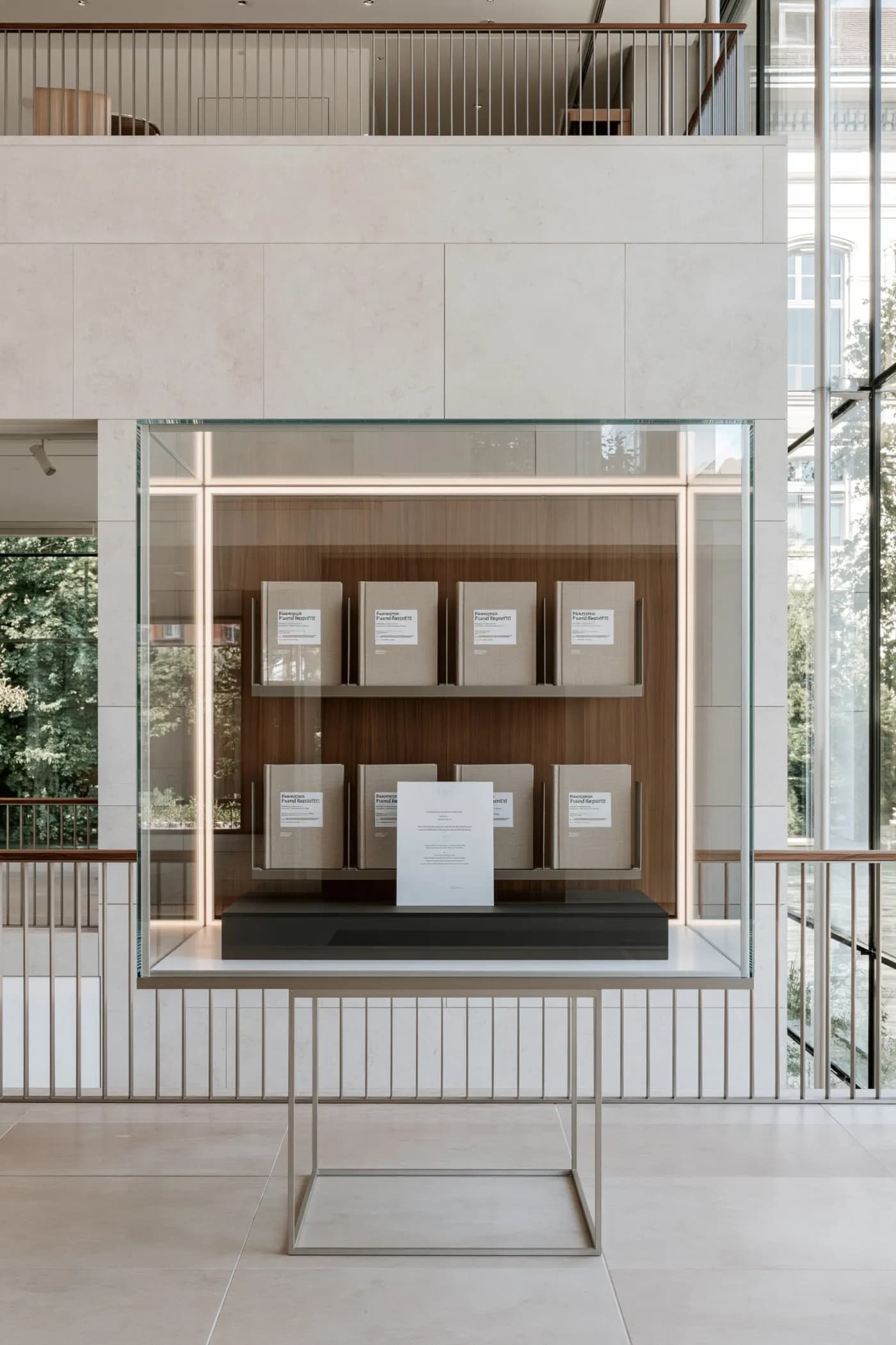 Six identical cloth-bound reports displayed in a grid with a single certificate in front, in a glass display cube in a limestone bank atrium