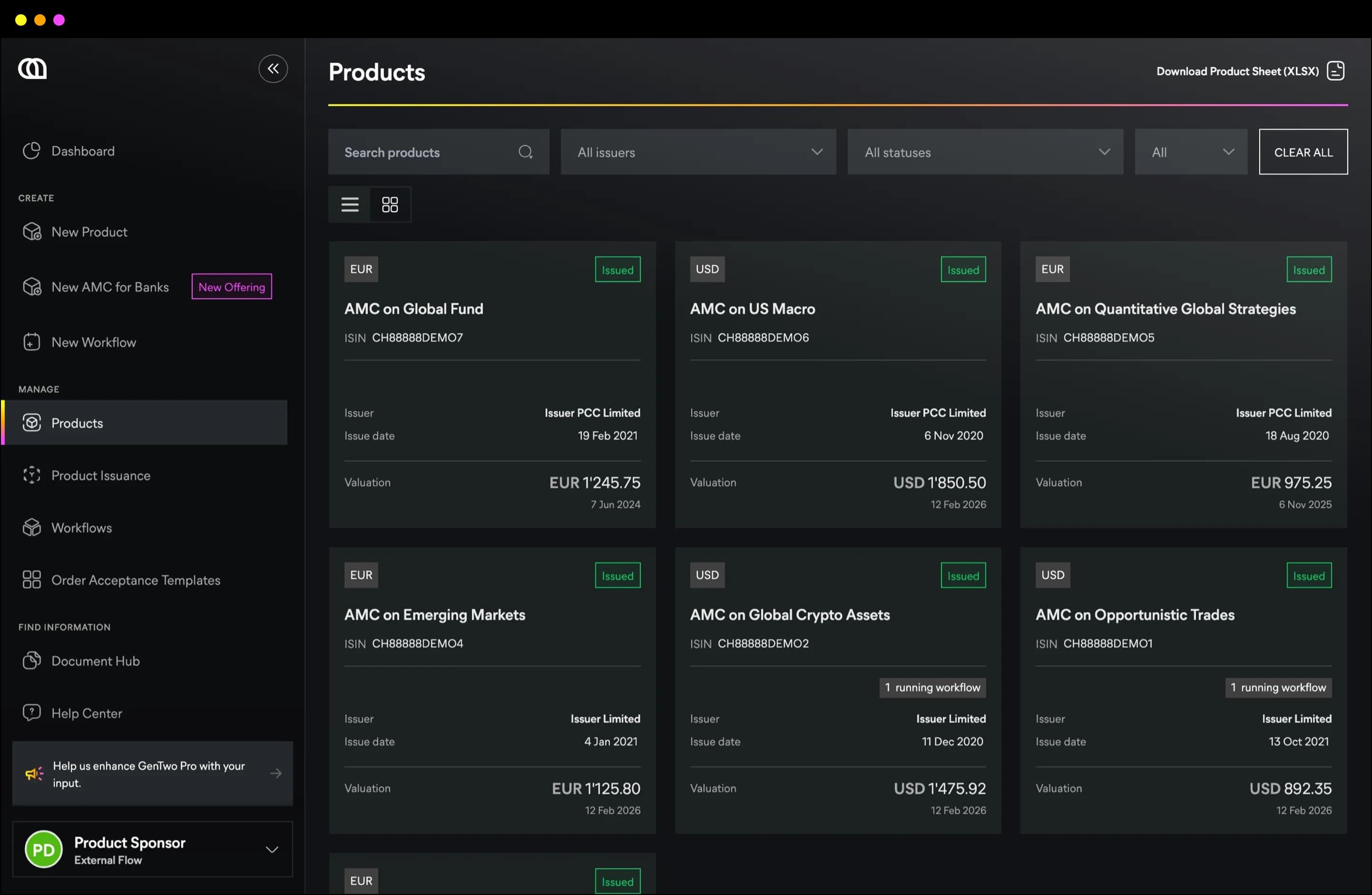 The GenTwo Pro products overview listing live AMCs with issuer, issue date and valuation