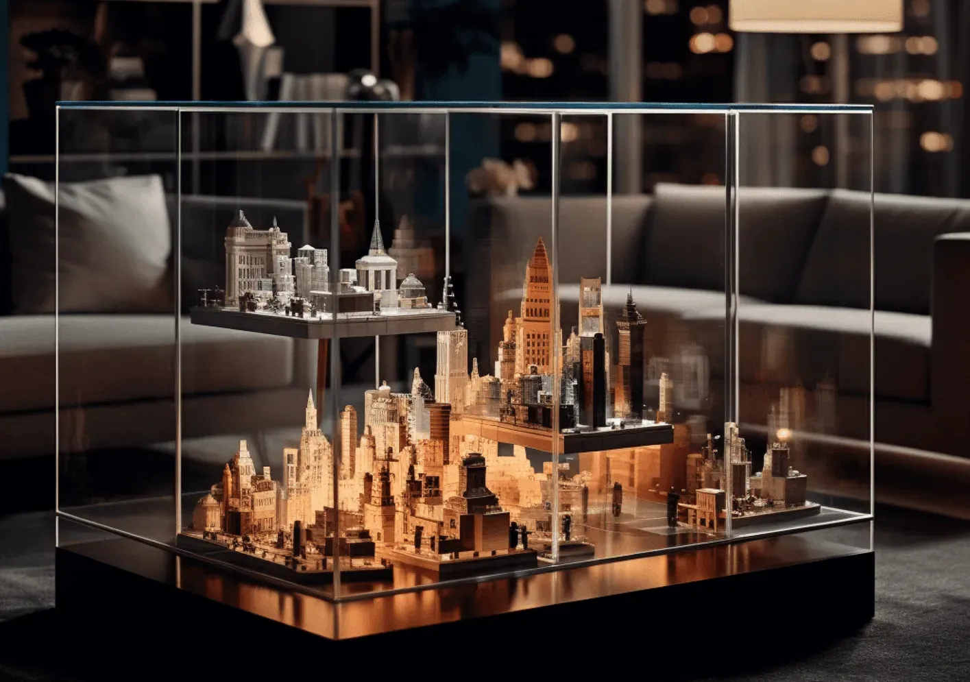 Brand image: a miniature city rendered inside a glass display case