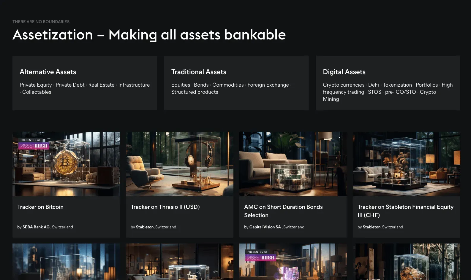 Previous GenTwo website showing the three asset class groups and a grid of issued products